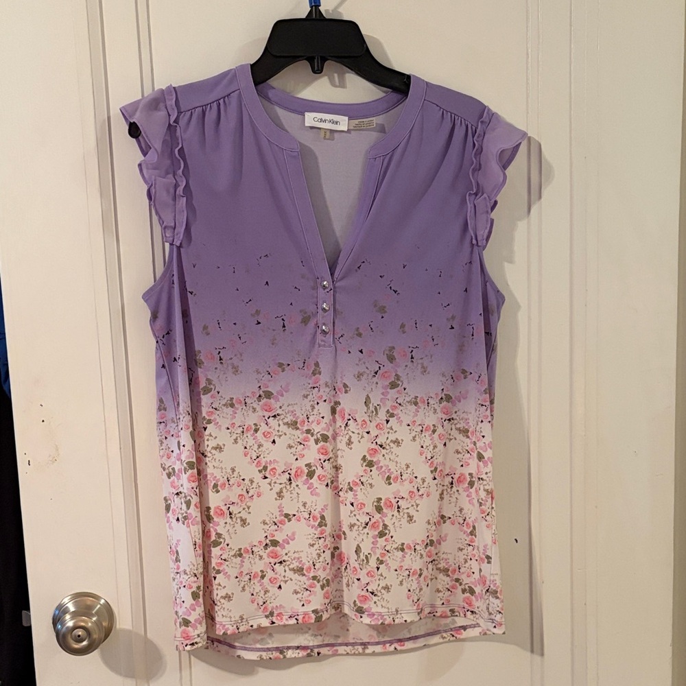Calvin Klein Lavender to White Floral Gradient Ruffle Sleeve Tank